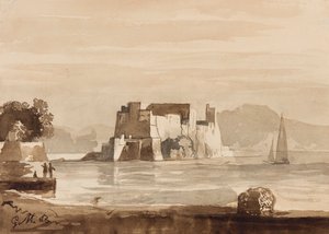Castel dell'Ovo, med tillegg av prins Gaetano Maria Federico di Borbone (1846-1871) (blyant og sepia vask på papir)